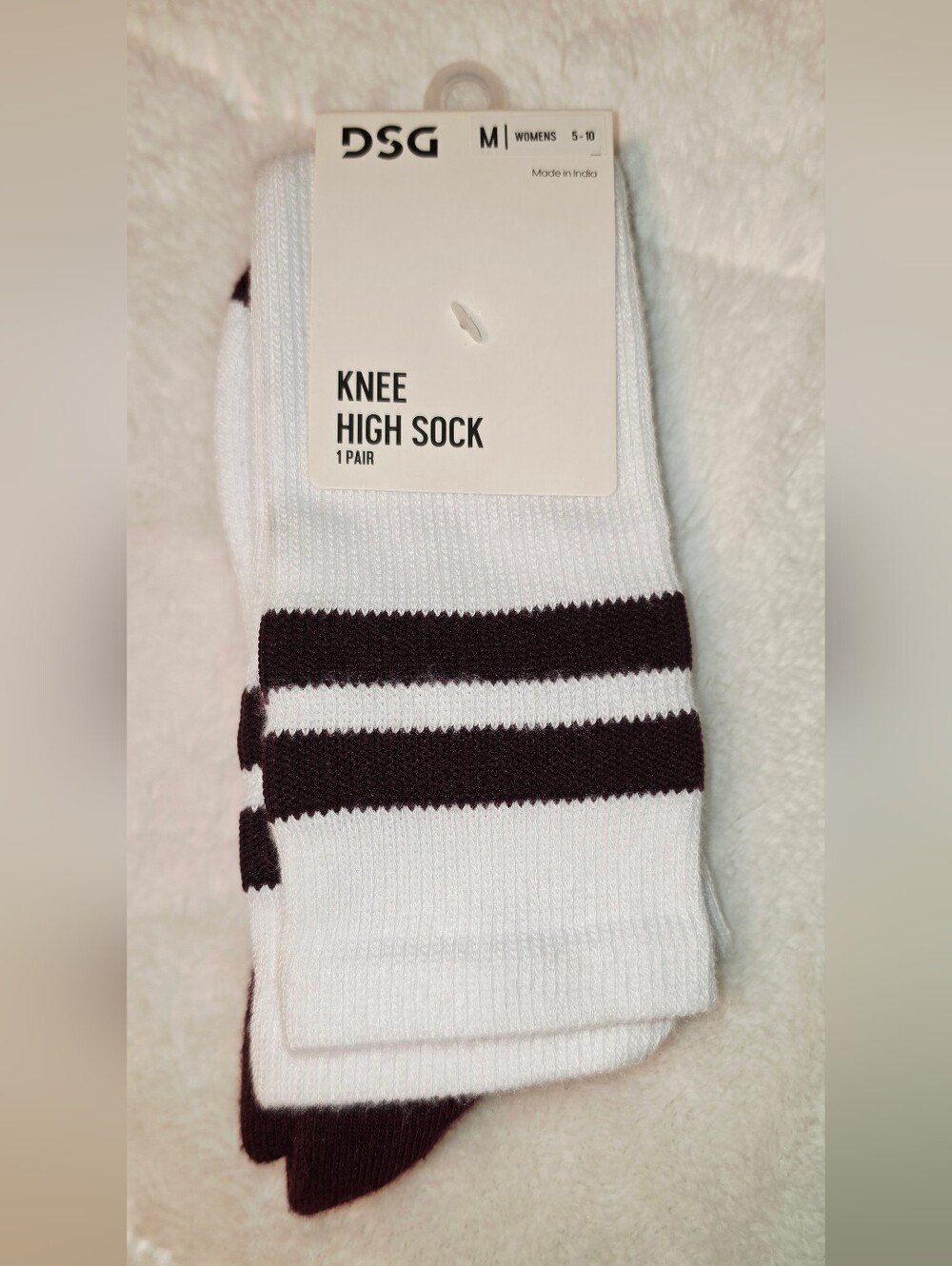 DSG Women's Knee-High Athletic Socks in White with Burgundy Stripes(SOC55)